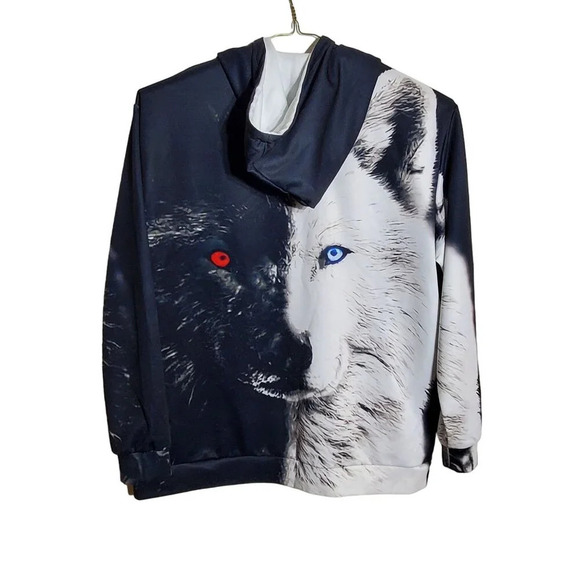 Wolf Duality 3D Fashion Hoodie With Blue & Red Eyes Graphic 4XL Pull Over - Picture 3 of 6